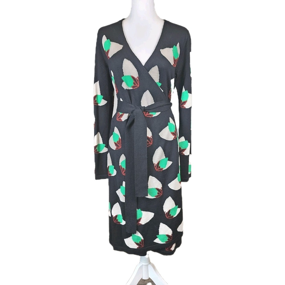 Diane Von Furstenberg Linda Wool Wrap Dress Womens Medium Black‎ Green Classic